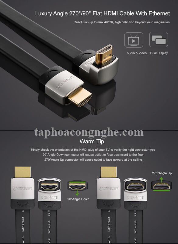 Ugreen 10284 3M màu Đen Cáp tín hiệu HDMI chuẩn 1.4 đầu góc 90 độ HD122 30010284